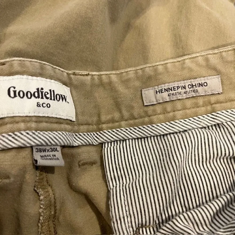 Goodfellow Hennepin Chino Athletic Khaki Beige Tan Flat‎ Front Men's Size 38x30